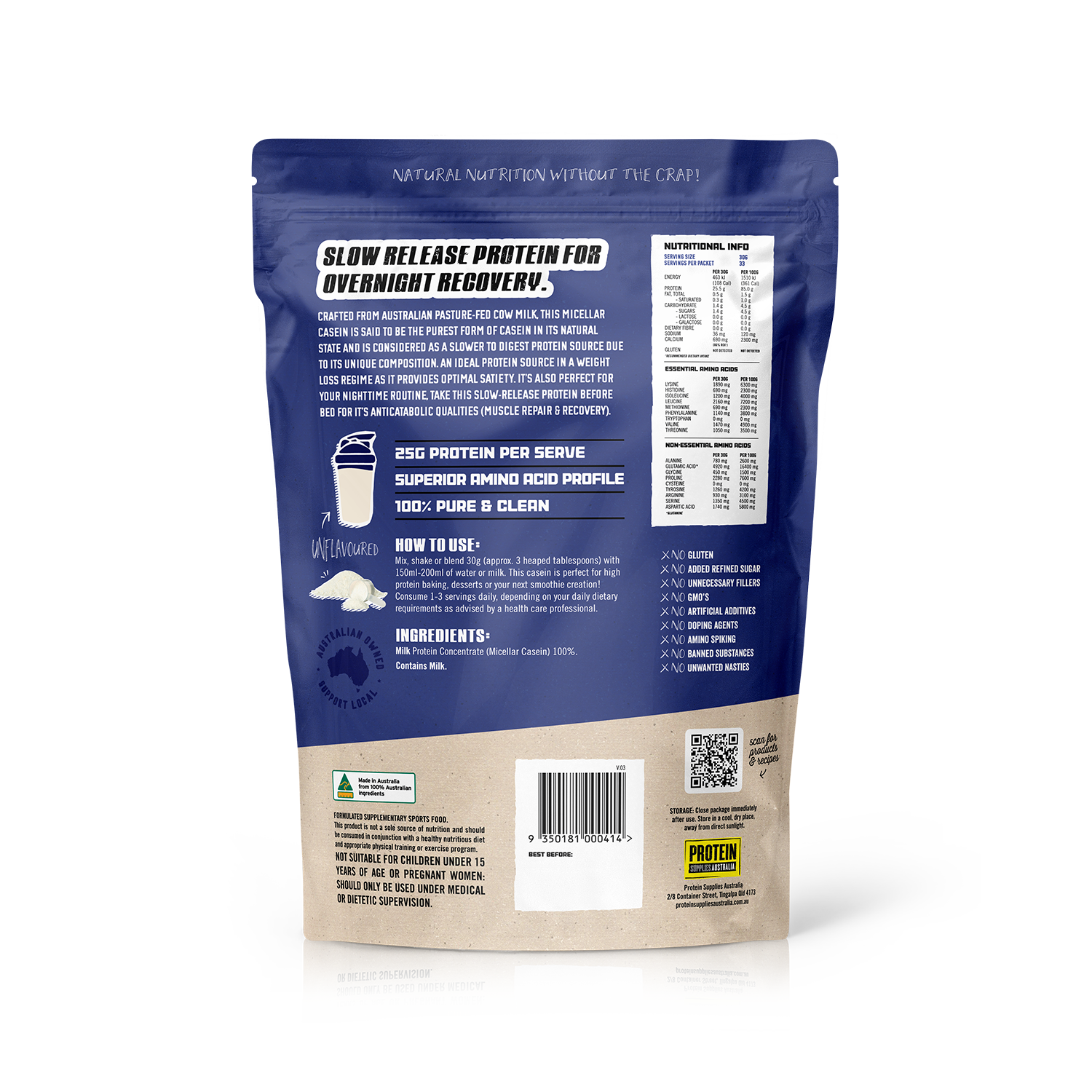 MICELLAR CASEIN PROTEIN - UNFLAVOURED Protein Protein Supplies Australia