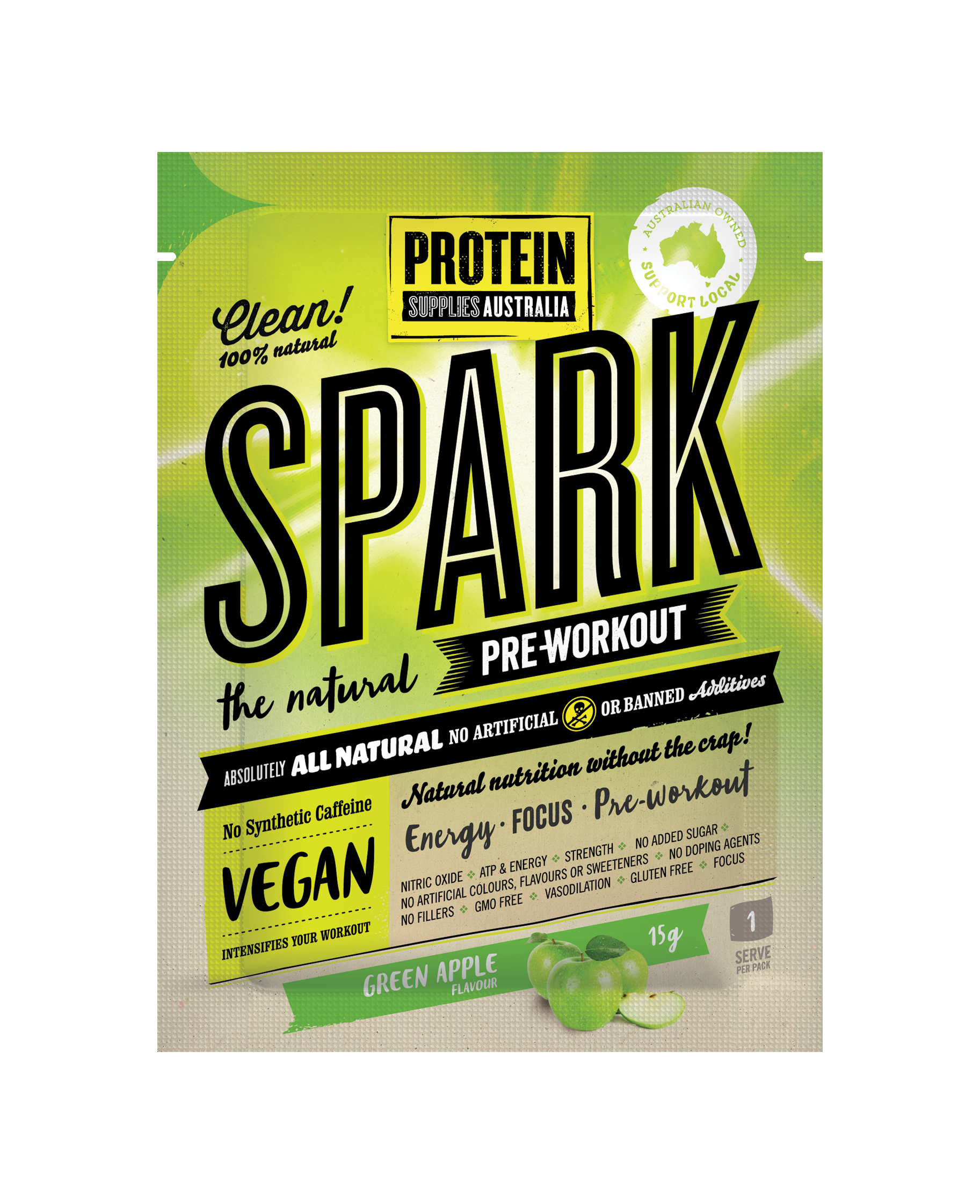 SAMPLE SPARK PRE-WORKOUT - GREEN APPLE Aminos Protein Supplies Australia 15G Single Serve
