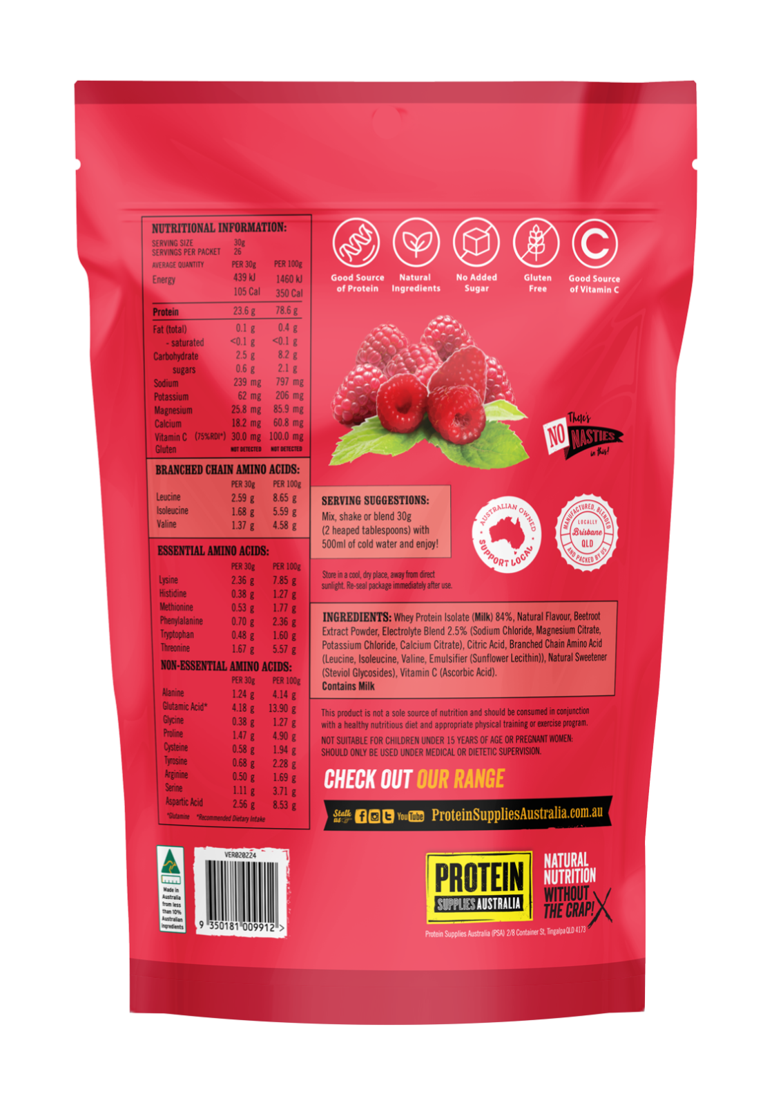 PROTEIN WATER (WPI) - RASPBERRY Aminos Protein Supplies Australia