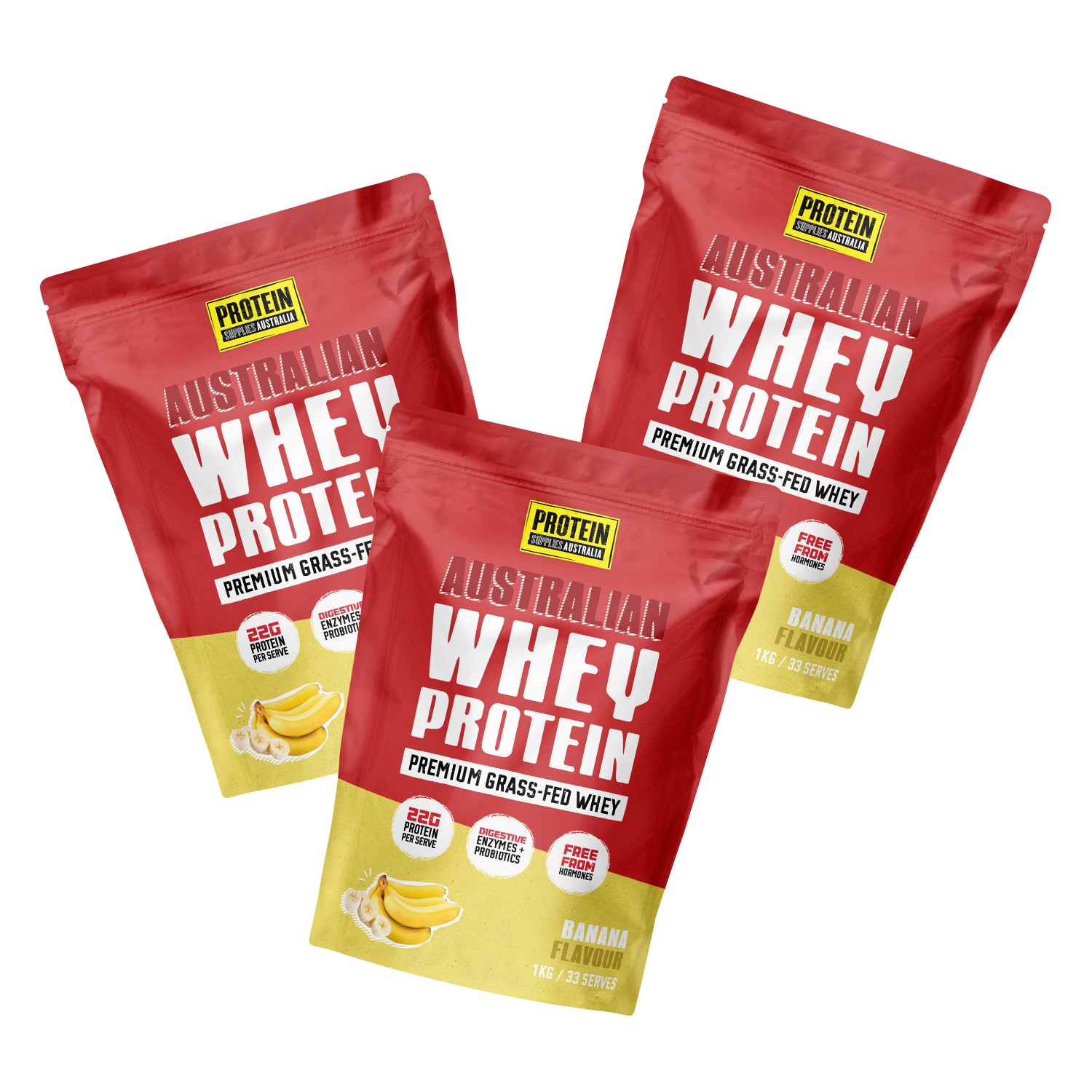 AUSTRALIAN WHEY PROTEIN - BANANA Protein Supplies Australia 3 x 1kg Multi-Buy Deal