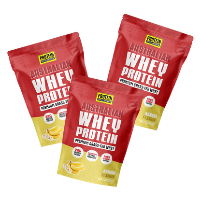 AUSTRALIAN WHEY PROTEIN - BANANA Protein Supplies Australia 3 x 1kg Multi-Buy Deal
