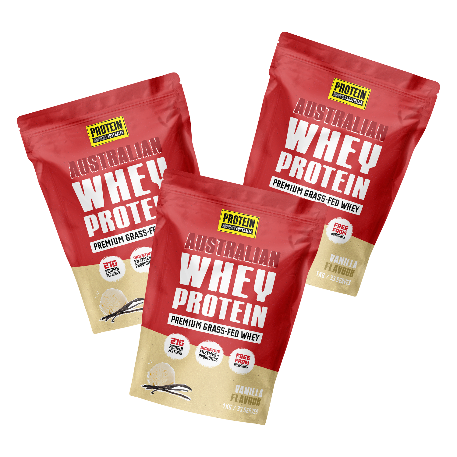 AUSTRALIAN WHEY PROTEIN - VANILLA Protein Supplies Australia 3 x 1kg Multi-Buy Deal