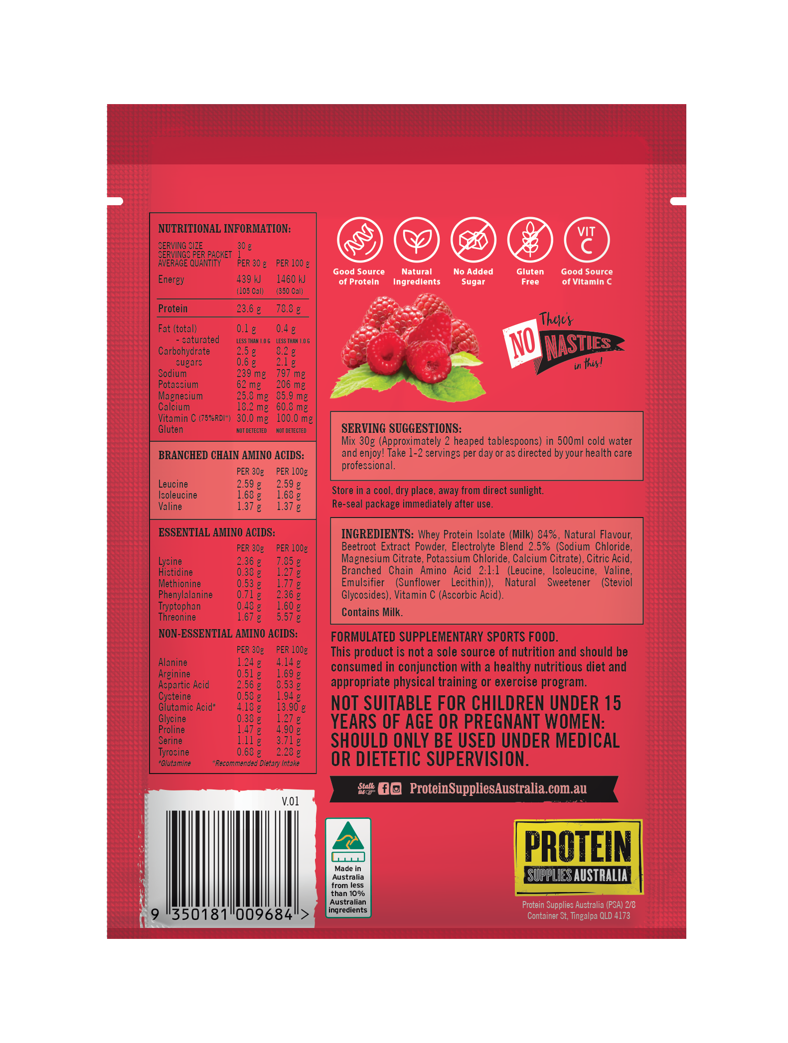 SAMPLE PROTEIN WATER (WPI) - RASPBERRY Aminos Protein Supplies Australia